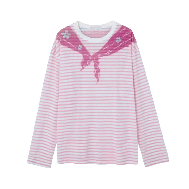 Navy Striped Collar Long Sleeve Top