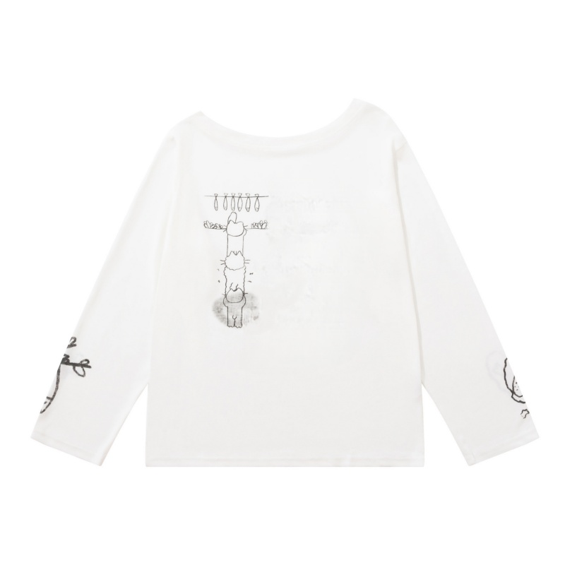 Cat Doodle Print One-Shoulder Long-Sleeve Top — White