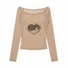 Long-Sleeve Top with Heart-Patterned Cat Print