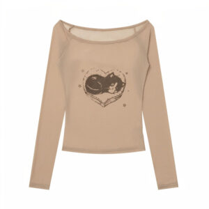 Long-Sleeve Top with Heart-Patterned Cat Print