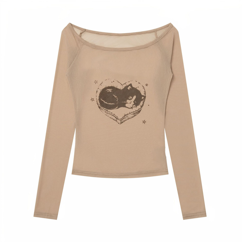 Long-Sleeve Top with Heart-Patterned Cat Print