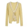 Knitted Faux Two-Piece Top With Lace And Long Sleeves — Yellow