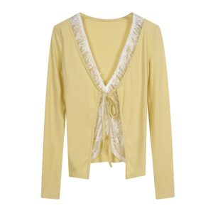 Knitted Faux Two-Piece Top With Lace And Long Sleeves — Yellow