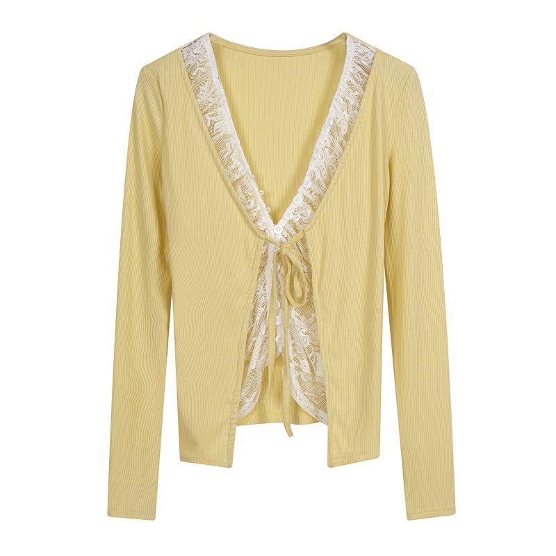 Knitted Faux Two-Piece Top With Lace And Long Sleeves — Yellow