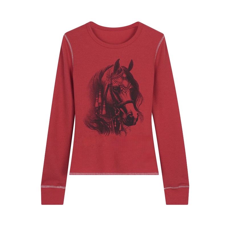Hip-Hop Pony Print Trendy Long-Sleeve Top — Red